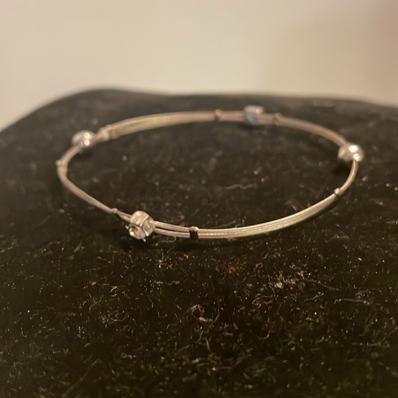 8” Minimalist silver tone stretch bracelet w/2 beads & 2 bezel set crystals - Picture 3 of 13